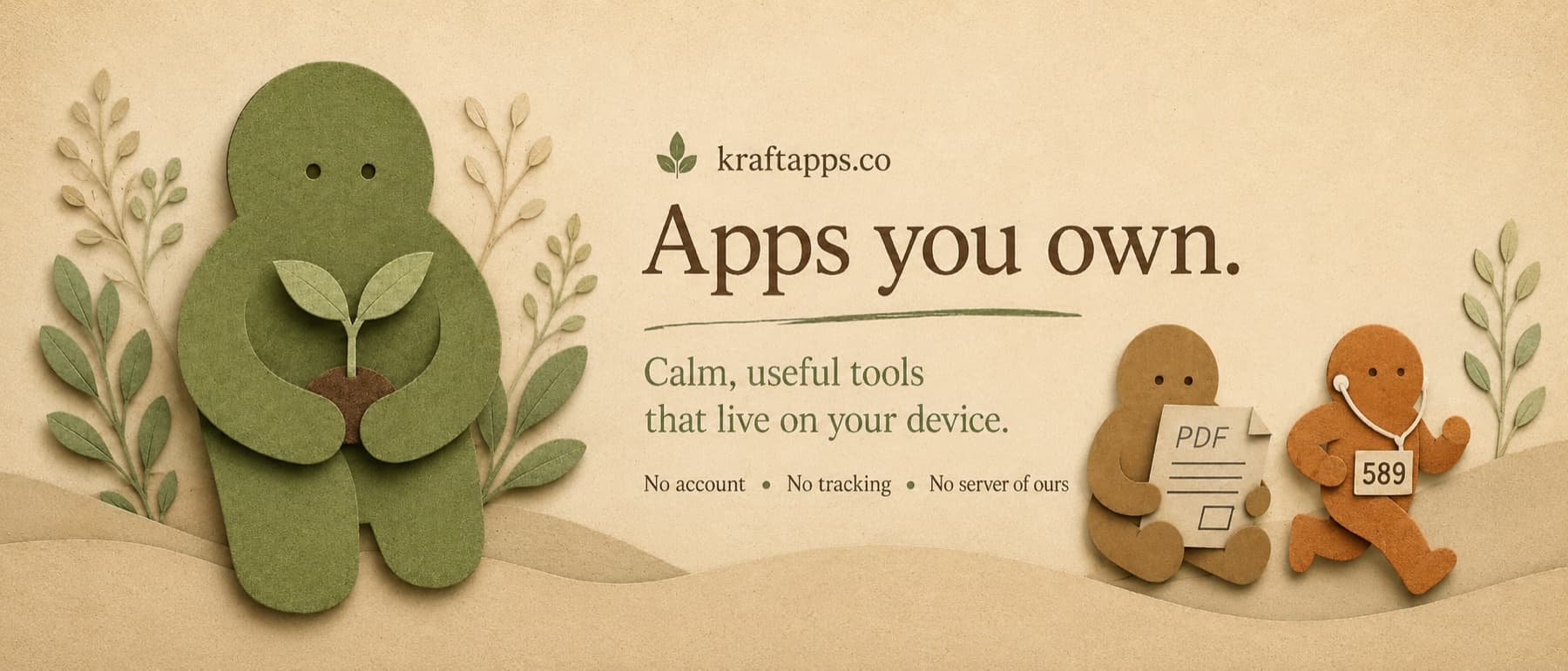 Paper-craft banner reading 'Apps you own. Calm, useful tools that live on your device' — the Tend character holds a seedling while the Pocket PDF and RacePep characters sit nearby
