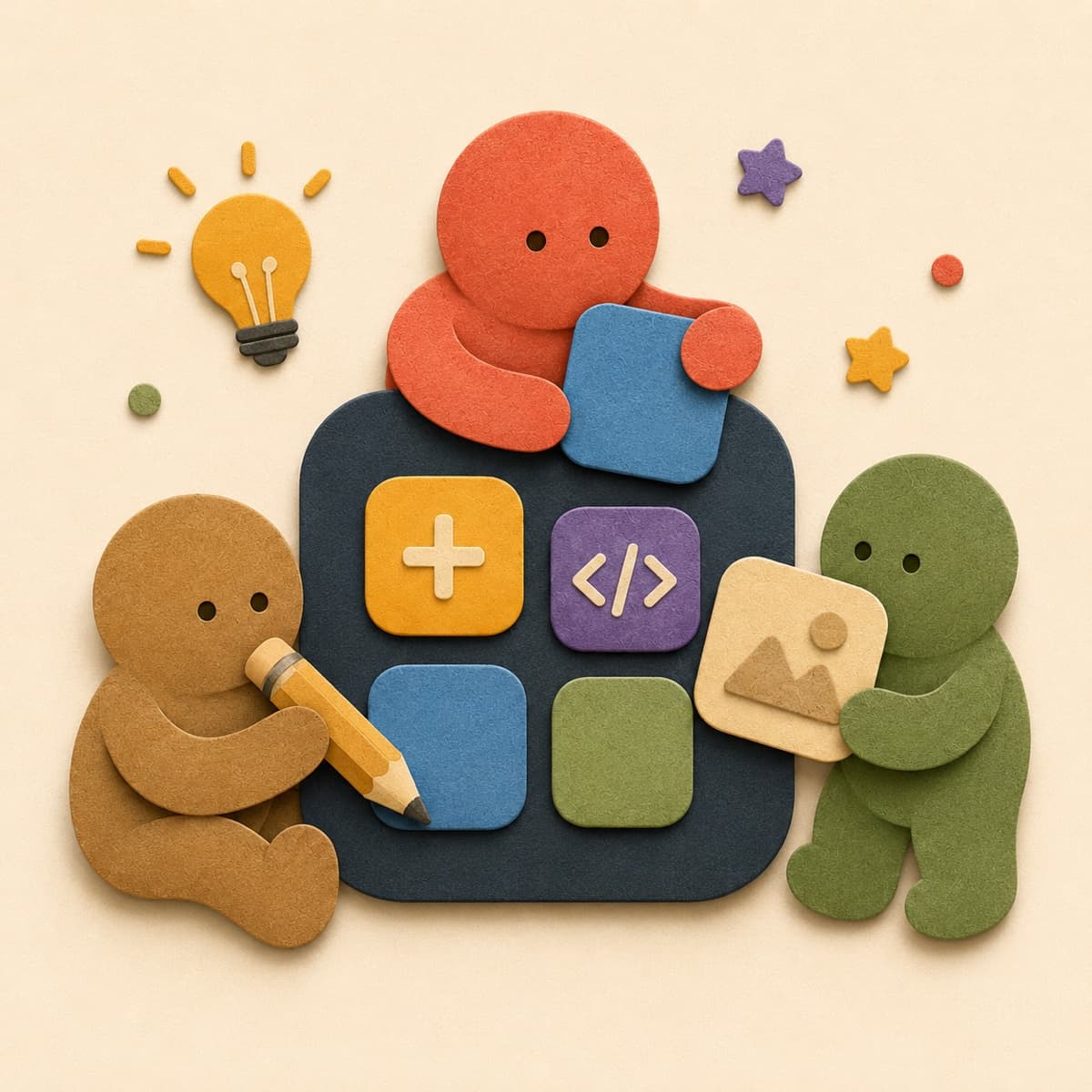 Paper-craft figures assembling app icons together