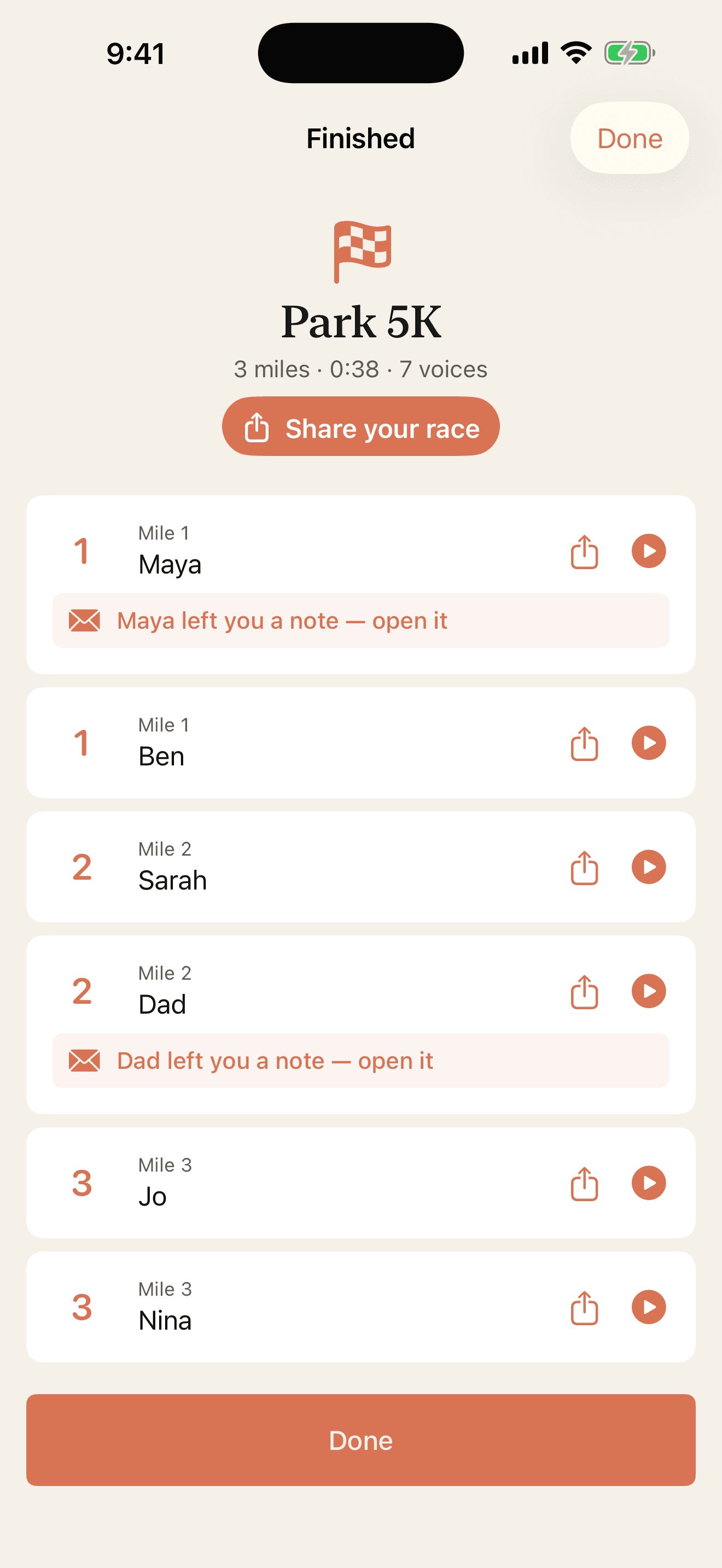 The finish screen: every pep talk listed by mile, ready to replay or share, with written notes from Maya and Dad